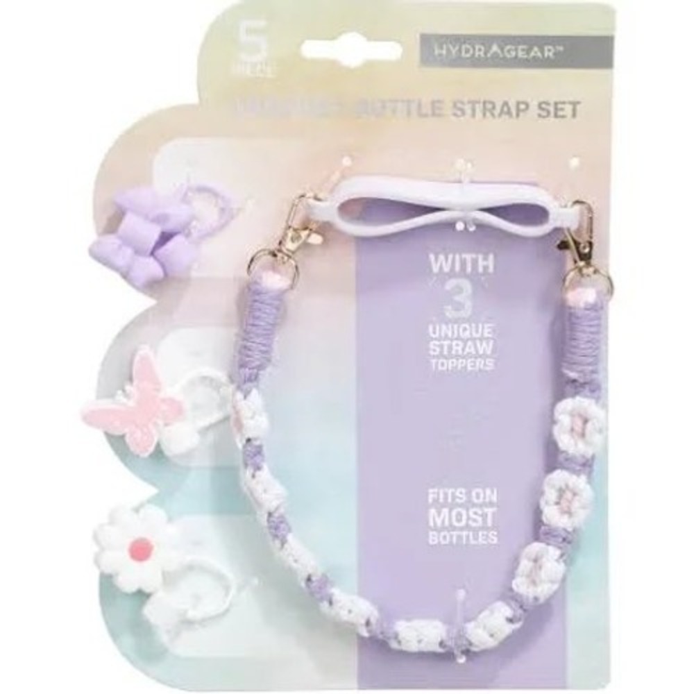 HydraGear Crochet Bottle Strap Set Purple Floral Handle 3 Straw Toppers 587777